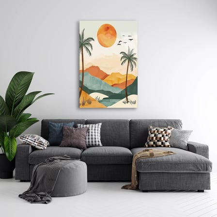 Palmiye, Güneş ve Dağ Manzara Boho Cam Tablo 35x50 cm