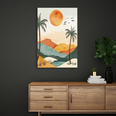 Palmiye, Güneş ve Dağ Manzara Boho Cam Tablo 35x50 cm