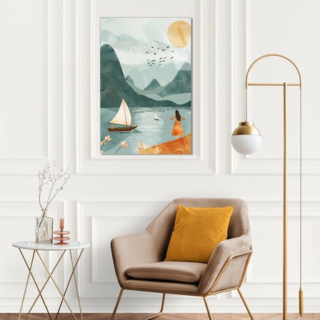 Yelkenli, Göl ve Dağ Manzara Boho Cam Tablo 35x50 cm