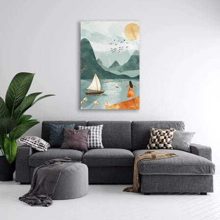 Yelkenli, Göl ve Dağ Manzara Boho Cam Tablo 35x50 cm