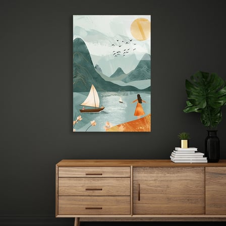 Yelkenli, Göl ve Dağ Manzara Boho Cam Tablo 35x50 cm