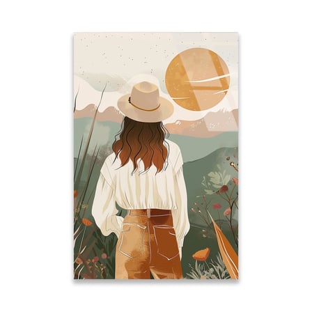 Şapkalı Kadın Arkadan ve Güneş Boho Cam Tablo 35x50 cm