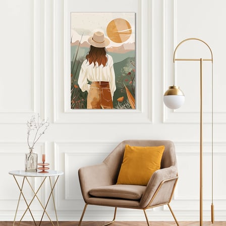 Şapkalı Kadın Arkadan ve Güneş Boho Cam Tablo 35x50 cm