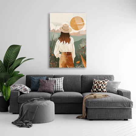 Şapkalı Kadın Arkadan ve Güneş Boho Cam Tablo 35x50 cm