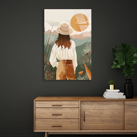 Şapkalı Kadın Arkadan ve Güneş Boho Cam Tablo 35x50 cm