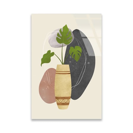 Monstera Yaprağı ve Vazo Minimalist Cam Tablo 35x50 cm