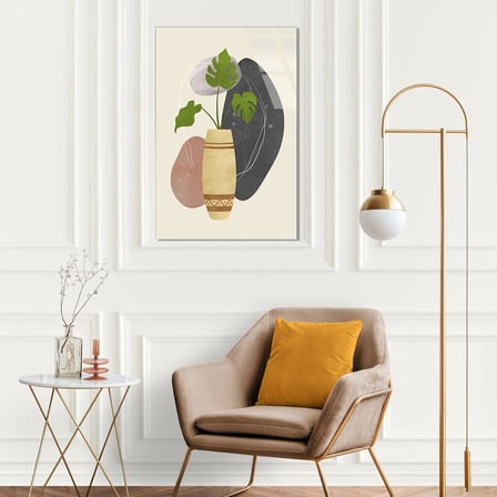 Monstera Yaprağı ve Vazo Minimalist Cam Tablo 35x50 cm