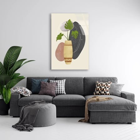 Monstera Yaprağı ve Vazo Minimalist Cam Tablo 35x50 cm