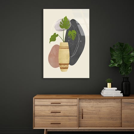 Monstera Yaprağı ve Vazo Minimalist Cam Tablo 35x50 cm
