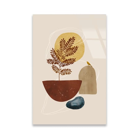Saksı Bitki ve Kuş Minimalist Boho Cam Tablo 35x50 cm