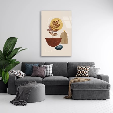 Saksı Bitki ve Kuş Minimalist Boho Cam Tablo 35x50 cm