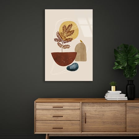 Saksı Bitki ve Kuş Minimalist Boho Cam Tablo 35x50 cm