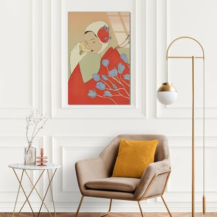 Kimonolu Kadın ve Çiçek Deseni Cam Tablo 35x50 cm