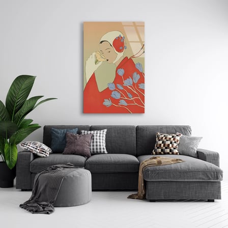 Kimonolu Kadın ve Çiçek Deseni Cam Tablo 35x50 cm