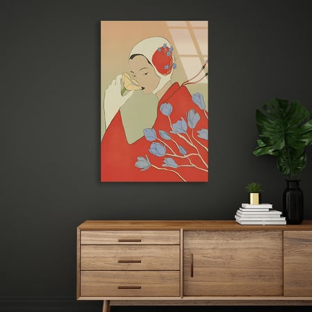 Kimonolu Kadın ve Çiçek Deseni Cam Tablo 35x50 cm