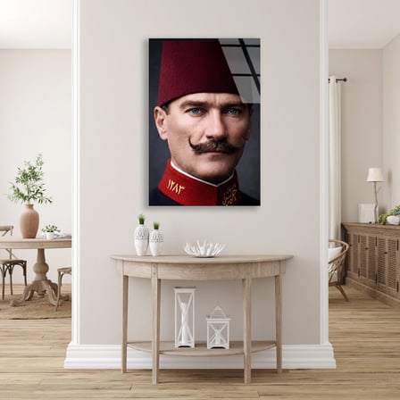 Atatürk Fesli Genç Subay Cam Tablo 35x50 cm