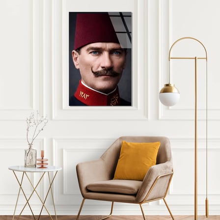 Atatürk Fesli Genç Subay Cam Tablo 35x50 cm