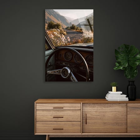 Klasik Araba ve Manzara Cam Tablo 35x50 cm