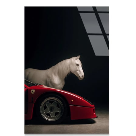 Ferrari ve At Cam Tablo – Efsane Spor Araba Duvar Dekoru 35x50 cm