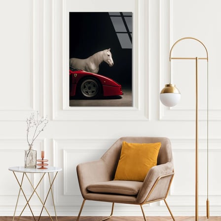 Ferrari ve At Cam Tablo – Efsane Spor Araba Duvar Dekoru 35x50 cm