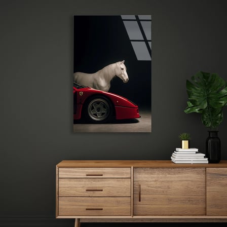 Ferrari ve At Cam Tablo – Efsane Spor Araba Duvar Dekoru 35x50 cm