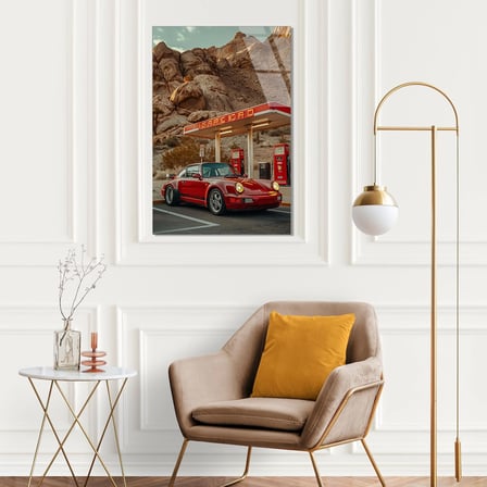 Kırmızı Araba ve Benzin İstasyonu Cam Tablo 35x50 cm