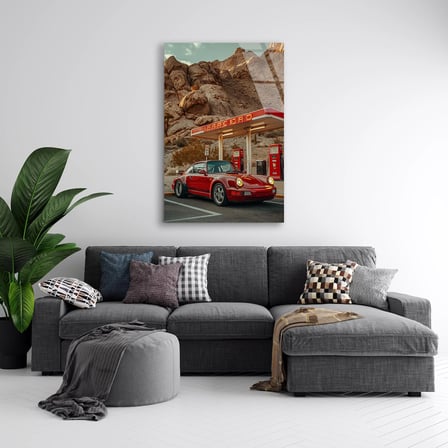 Kırmızı Araba ve Benzin İstasyonu Cam Tablo 35x50 cm
