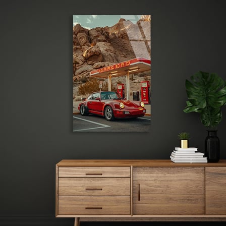 Kırmızı Araba ve Benzin İstasyonu Cam Tablo 35x50 cm