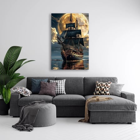 Ay Işığında Yelkenli Cam Tablo 60x90 cm