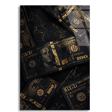 Altın Dolarlar Cam Tablo – Para Temalı Duvar Dekoru 35x50 cm