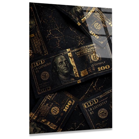 Altın Dolarlar Cam Tablo – Para Temalı Duvar Dekoru 35x50 cm