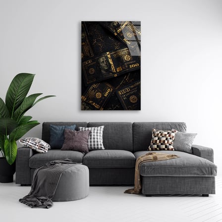 Altın Dolarlar Cam Tablo – Para Temalı Duvar Dekoru 35x50 cm