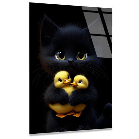 Ördekler ve Kedi Cam Tablo – Eğlenceli Hayvan Duvar Dekoru 35x50 cm