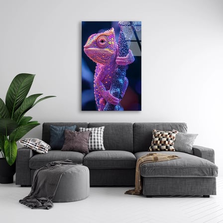 Neon Sürüngen Cam Tablo – Renkli Hayvan Duvar Dekoru 35x50 cm