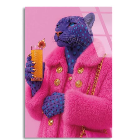 Pembe Mavi Jaguar Cam Tablo – Renkli Vahşi Hayvan Duvar Dekoru 35x50 cm