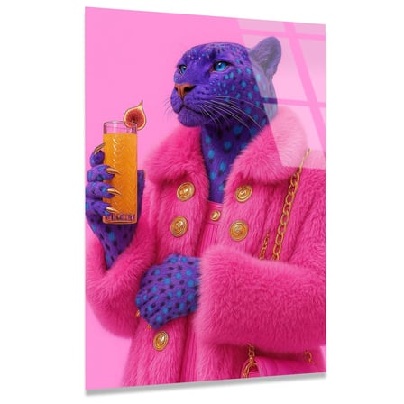 Pembe Mavi Jaguar Cam Tablo – Renkli Vahşi Hayvan Duvar Dekoru 35x50 cm