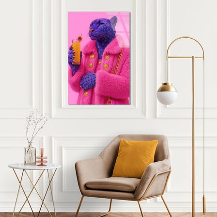 Pembe Mavi Jaguar Cam Tablo – Renkli Vahşi Hayvan Duvar Dekoru 35x50 cm