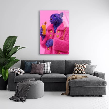 Pembe Mavi Jaguar Cam Tablo – Renkli Vahşi Hayvan Duvar Dekoru 35x50 cm