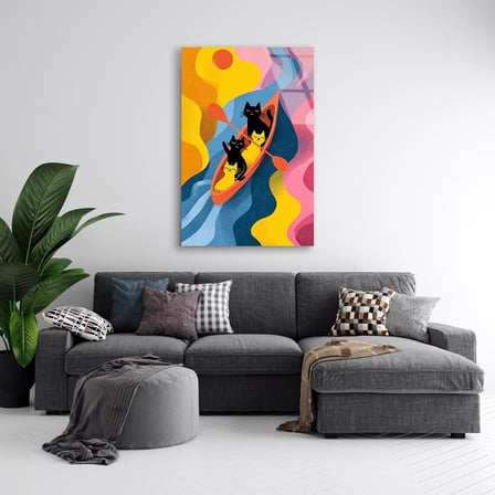 Renkli Kediler Cam Tablo – Eğlenceli Hayvan Duvar Dekoru 35x50 cm