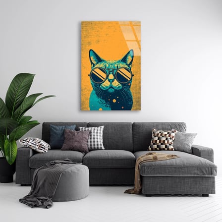 Sarı Kedi Cam Tablo – Eğlenceli Hayvan Duvar Dekoru 35x50 cm