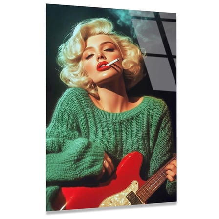 Gitarlı Sarışın Kadın Cam Tablo 35x50 cm