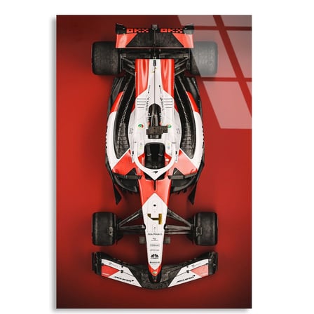 Kırmızı-Beyaz F1 Aracı Üstten F1 Cam Tablo – Formula 1 Duvar Dekoru 35x50 cm