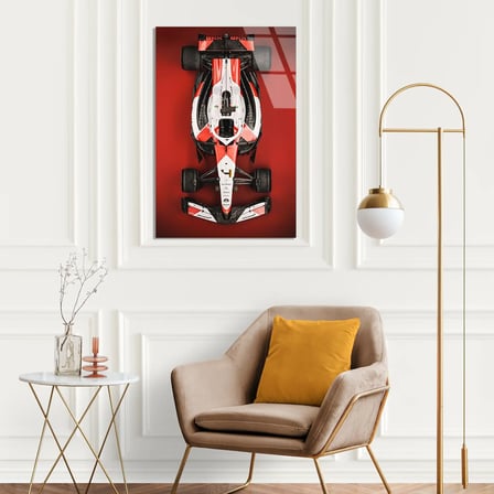 Kırmızı-Beyaz F1 Aracı Üstten F1 Cam Tablo – Formula 1 Duvar Dekoru 35x50 cm