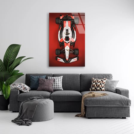 Kırmızı-Beyaz F1 Aracı Üstten F1 Cam Tablo – Formula 1 Duvar Dekoru 35x50 cm