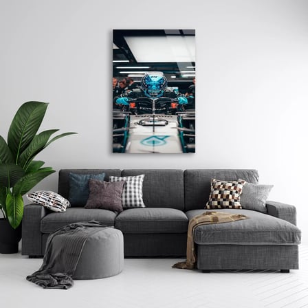 Mercedes Garaj Pilotu F1 Cam Tablo – Formula 1 Duvar Dekoru 80x125 cm