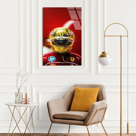 Ferrari Altın Kask F1 Cam Tablo – Formula 1 Duvar Dekoru 35x50 cm