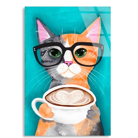 Gözlüklü Kahveci Kedi Cam Tablo 35x50 cm