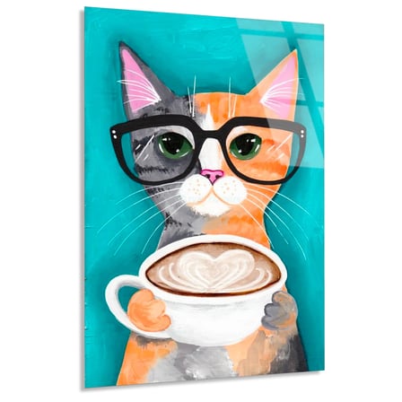 Gözlüklü Kahveci Kedi Cam Tablo 60x90 cm