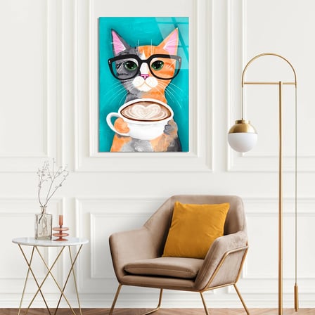 Gözlüklü Kahveci Kedi Cam Tablo 60x90 cm