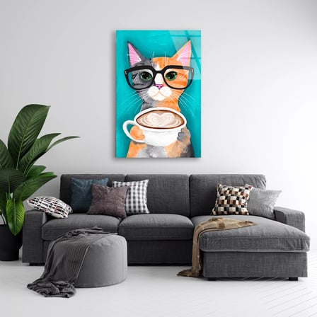 Gözlüklü Kahveci Kedi Cam Tablo 60x90 cm